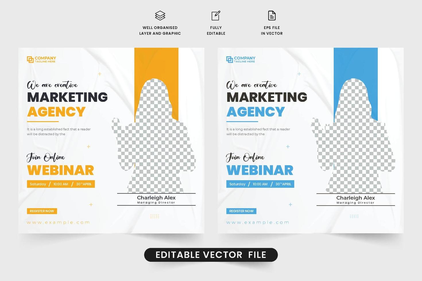 Marketing agency webinar template with blue and yellow colors. Online business conference invitation webinar design with photo placeholder. Webinar social media post vector for digital marketing.