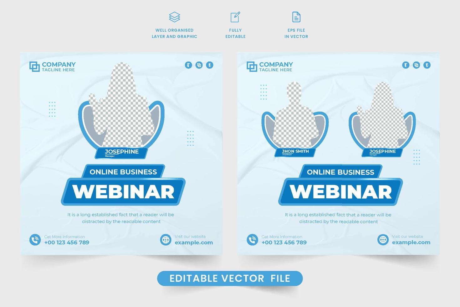 diseño de seminarios web de negocios en línea para marketing digital. vector de seminario web creativo para presentación de negocios corporativos. vector de publicación de redes sociales de seminario de negocios moderno con color azul.