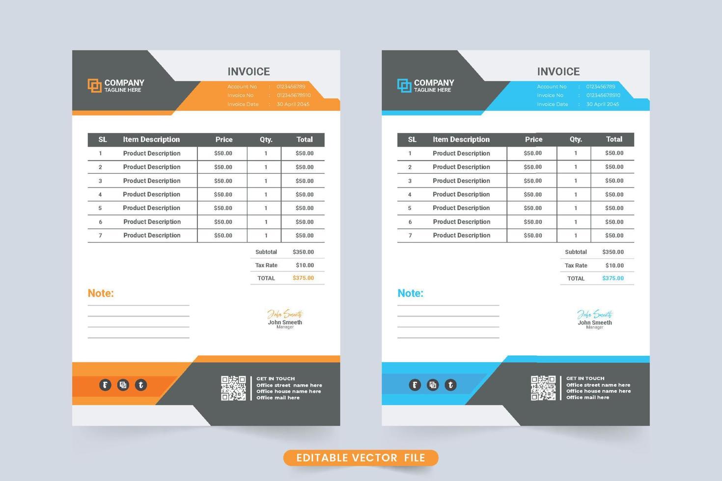 Print ready business invoice decoration with abstract shapes. Modern Invoice and voucher element design with orange and blue colors. Professional corporate invoice and cash receipt vector. vector