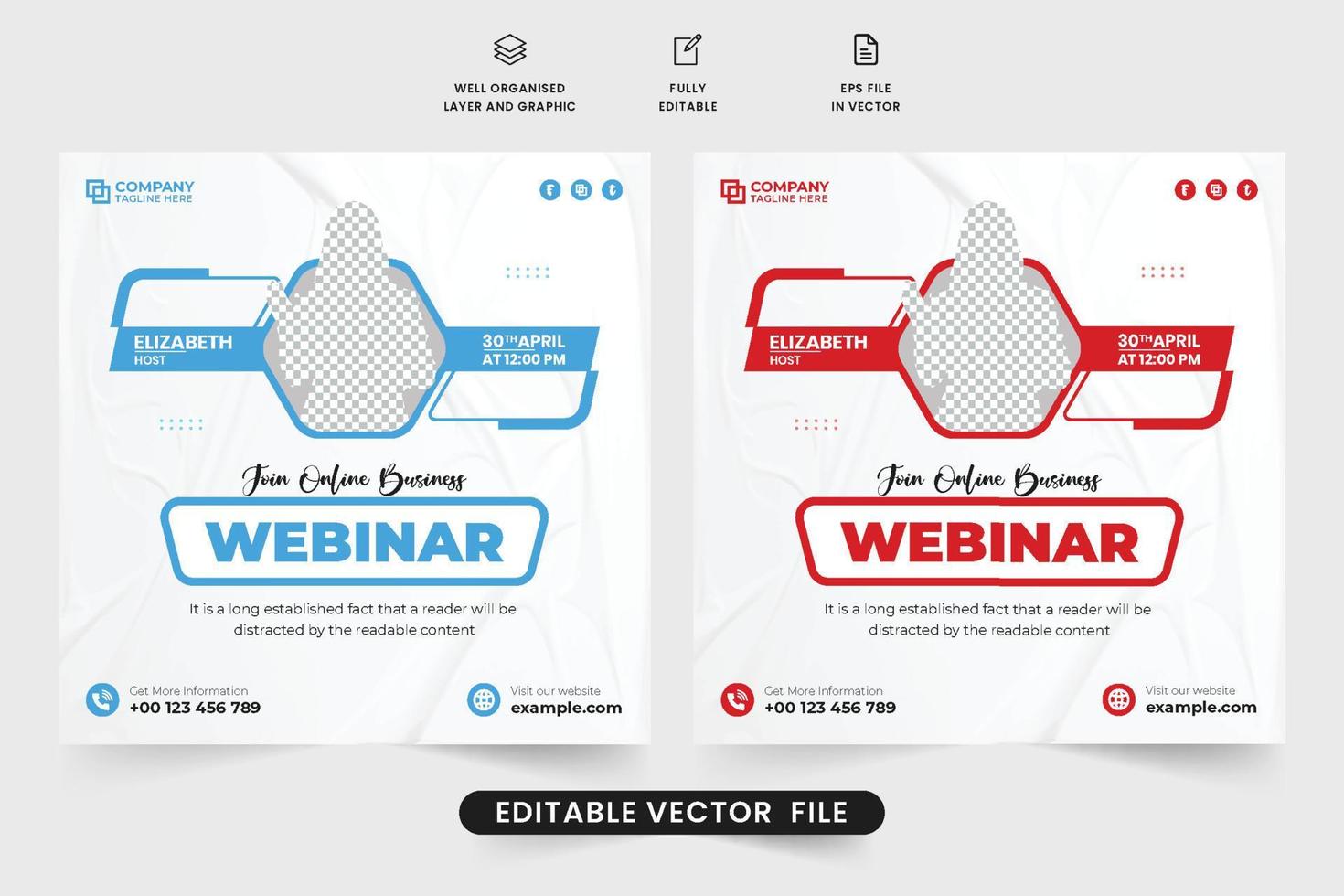 webinar social media post vector con formas abstractas sobre un fondo blanco. diseño de plantilla de presentación de negocios en línea con color azul. plantilla de seminario web de marketing digital para invitaciones de negocios.