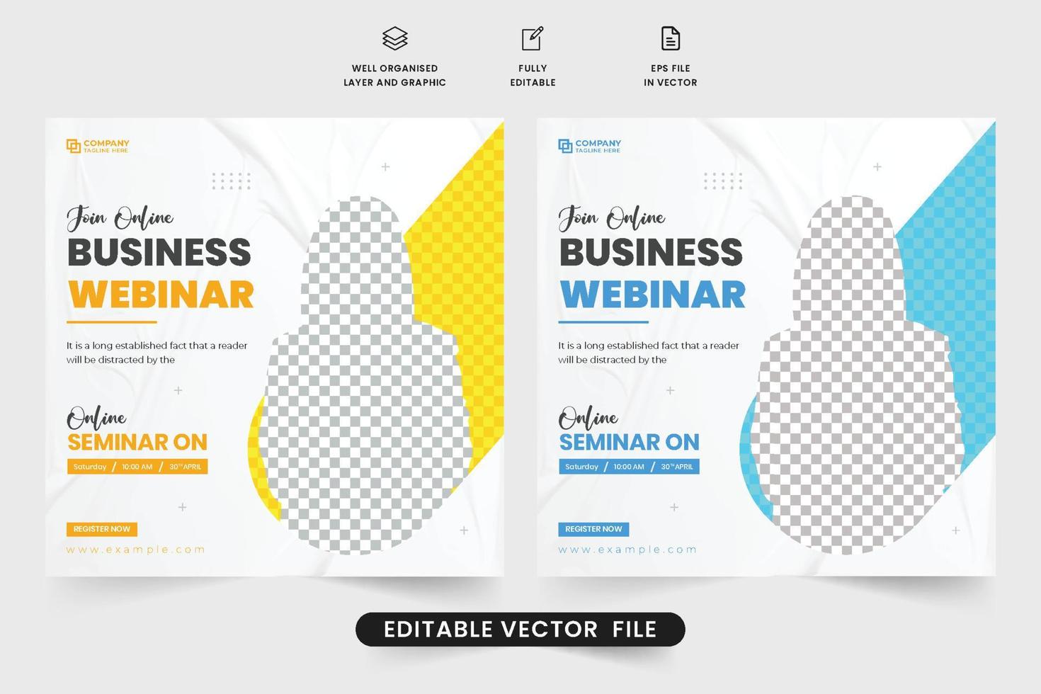 Webinar social media post vector for digital marketing. Online business advertisement template design with yellow and blue colors. Webinar template for business presentation or seminar invitations.