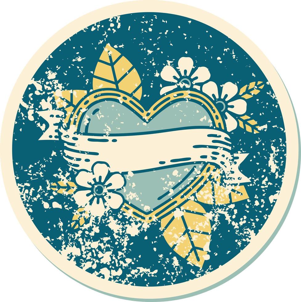 distressed sticker tattoo style icon of a heart and banner vector