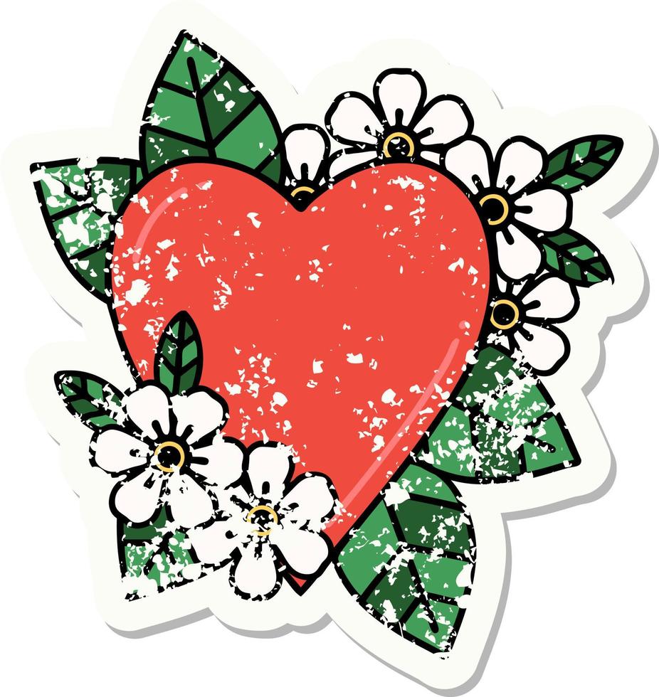 traditional distressed sticker tattoo of a botanical heart vector
