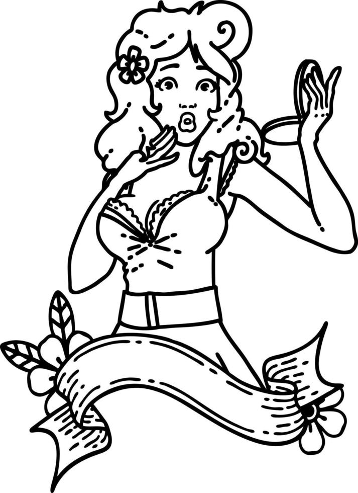 black line tattoo of a pinup surprised girl with banner vector