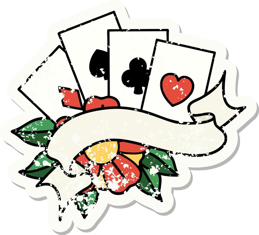 traditional distressed sticker tattoo of cards and banner vector