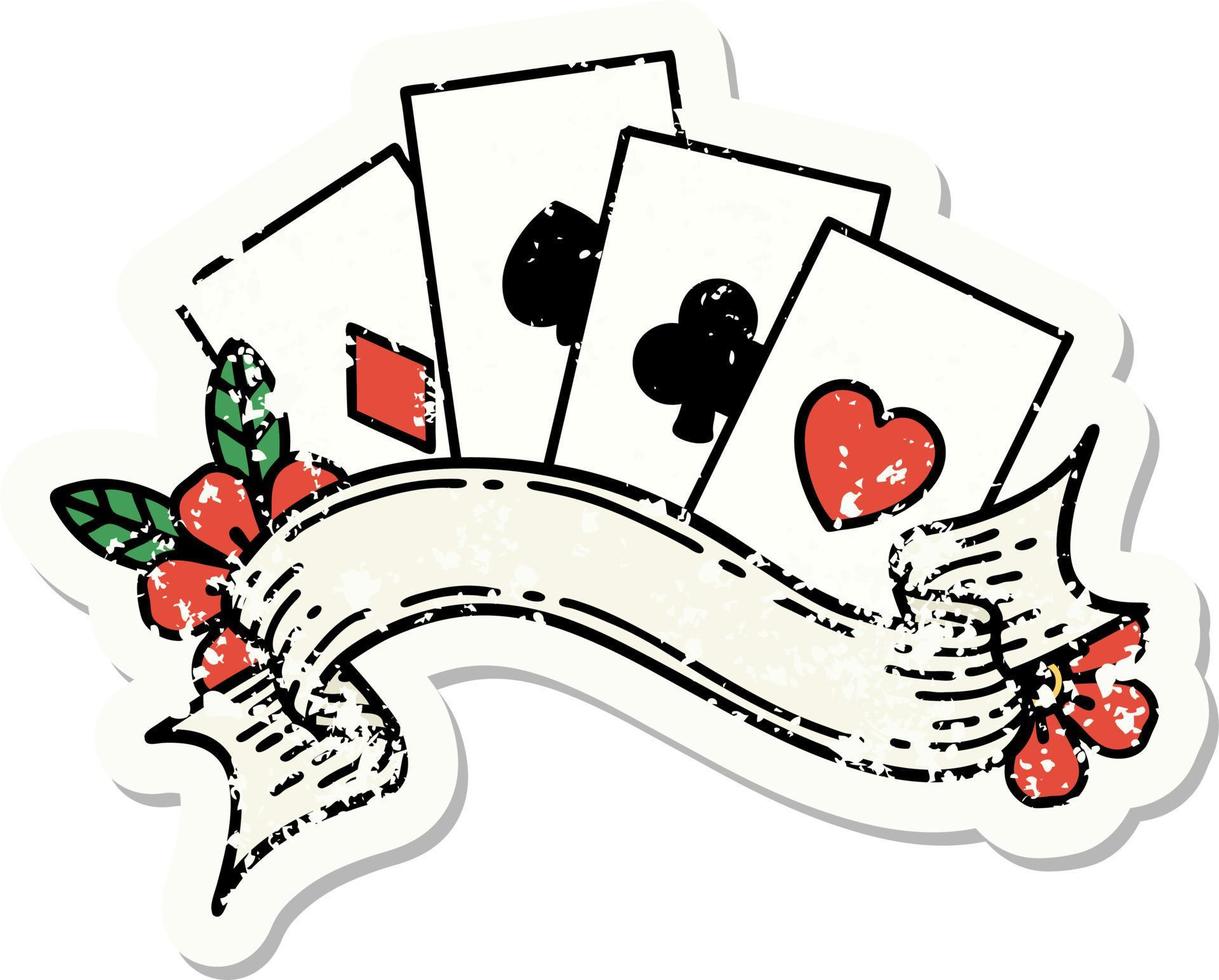 traditional distressed sticker tattoo of cards and banner vector