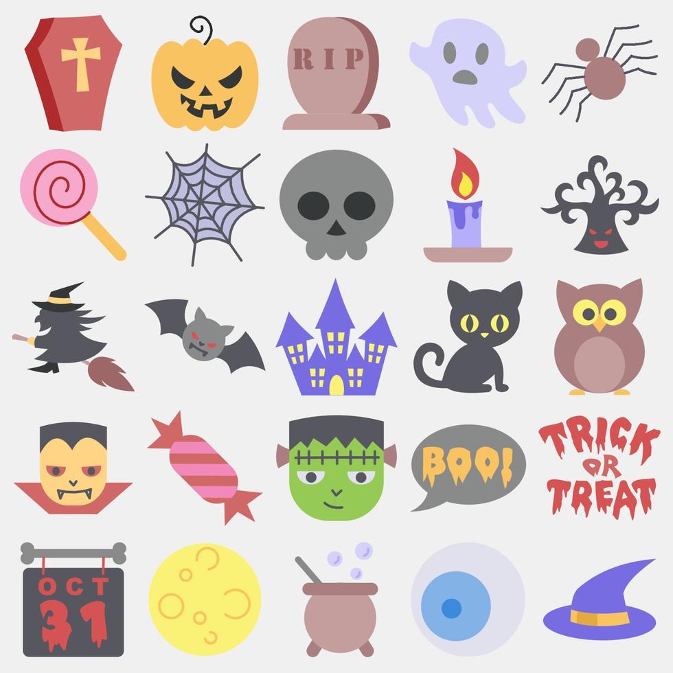 conjunto de iconos elementos de halloween.icono en estilo plano. adecuado para impresiones, afiches, volantes, decoración de fiestas, tarjetas de felicitación, etc. vector