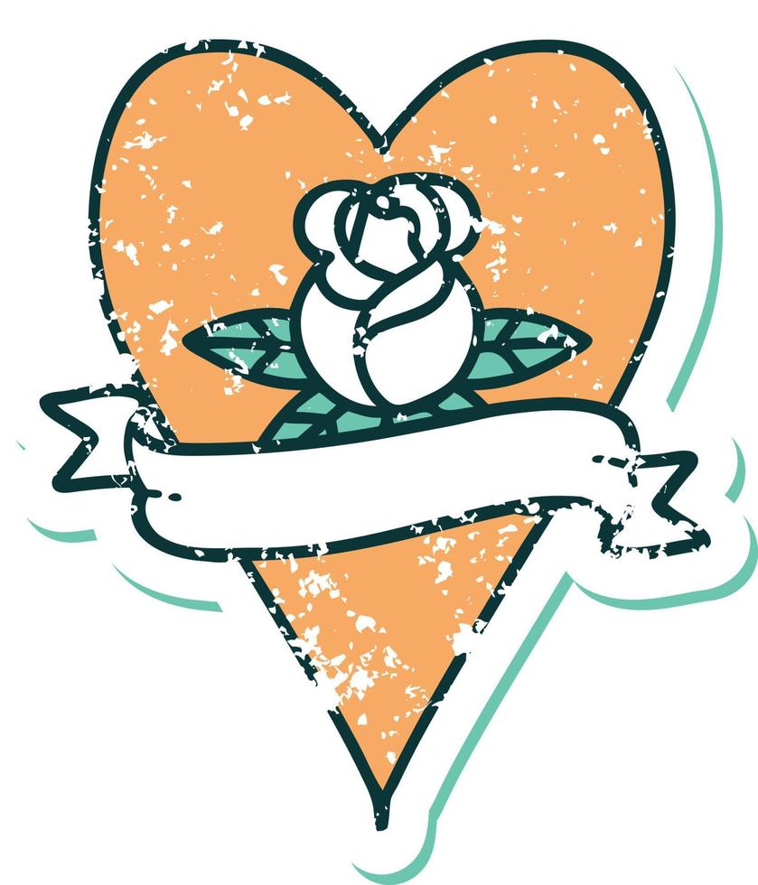 icono de estilo de tatuaje de pegatina angustiado de una rosa de corazón y pancarta vector