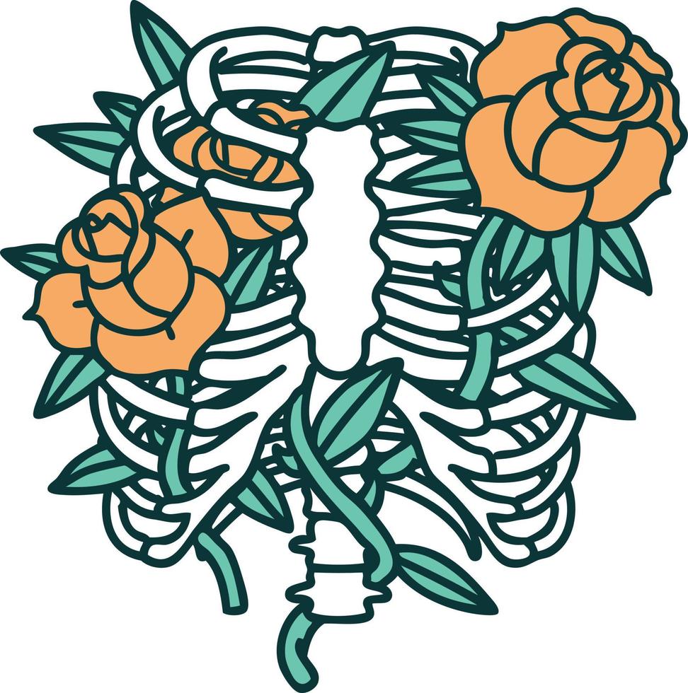 icono de estilo tatuaje de una caja torácica y flores vector