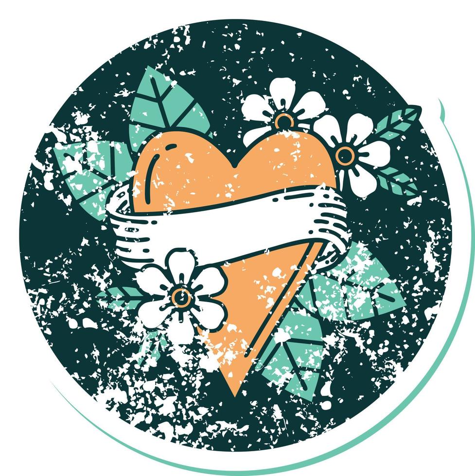 distressed sticker tattoo style icon of a heart and banner vector