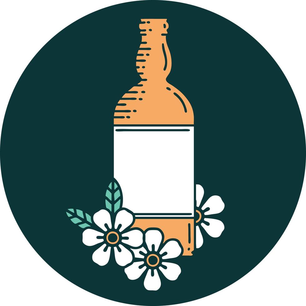 tattoo style icon of a rum bottle and flowers vector