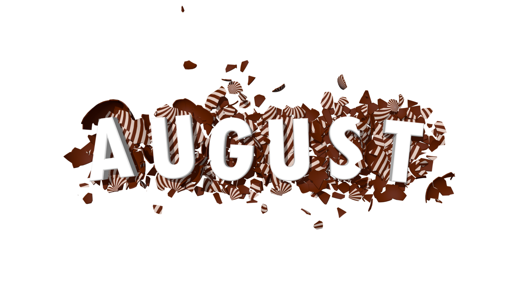 texto en 3d de color marrón de agosto que cae sobre huevos rotos de pascua, representación en 3d del nombre del mes png
