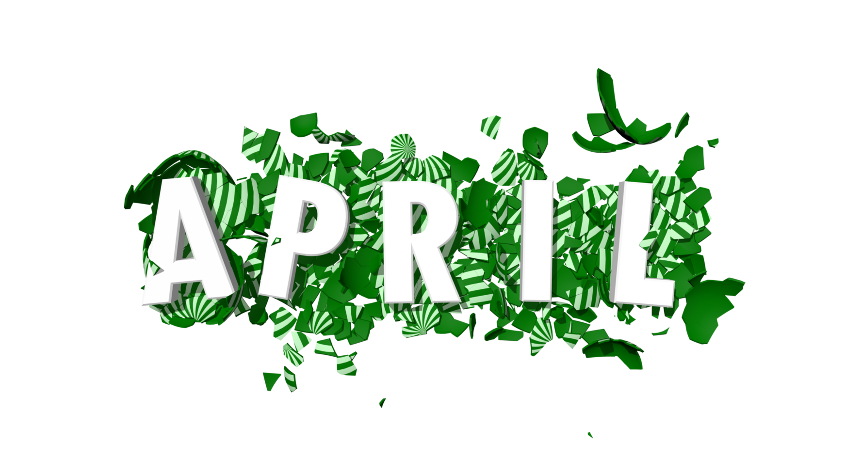 texto 3d de cor verde de abril caindo em ovos quebrados de páscoa, nome de meses renderização em 3d png