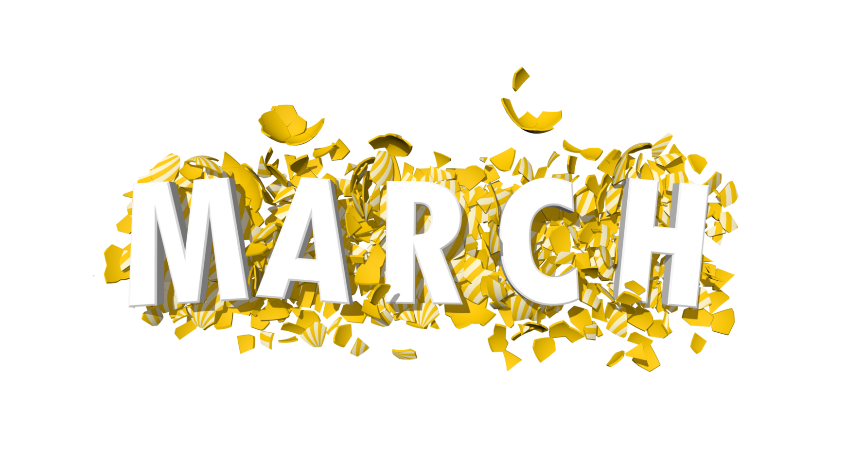 March Yellow Color 3D Text Falling on Easters Broken Eggs, Months Name 3D Rendering png