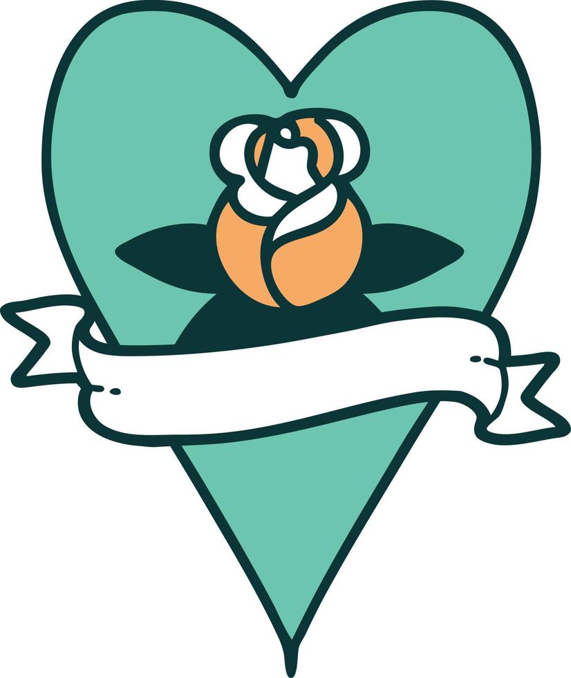tattoo style icon of a heart rose and banner vector