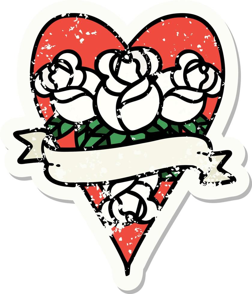 traditional distressed sticker tattoo of a heart and banner with flowers vector