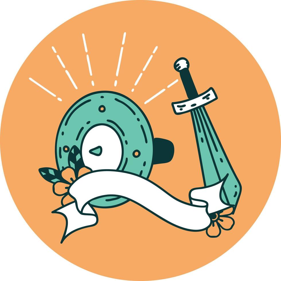 icon of tattoo style shield and sword vector