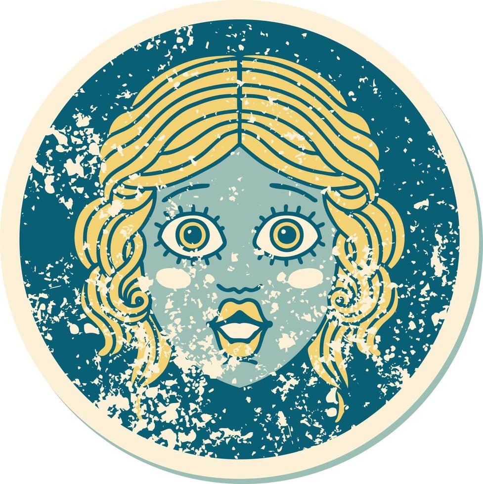 distressed sticker tattoo style icon of female face vector