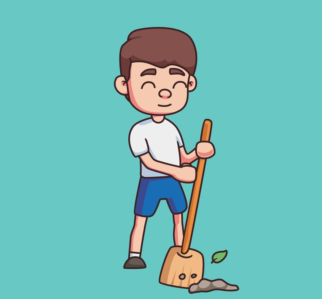 little boy sweeping cartoon illustration vector