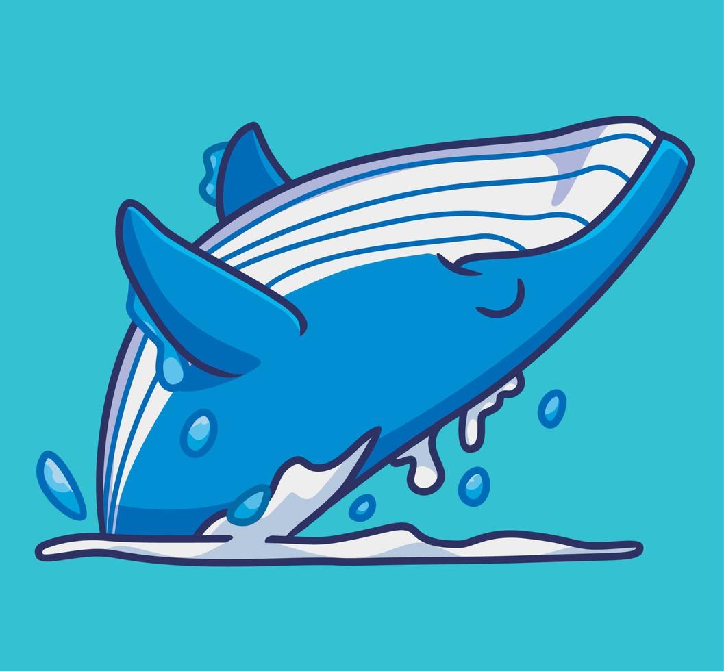 linda ballena azul saltando jorobada feliz. ilustración animal de dibujos animados aislados. vector de logotipo premium de diseño de icono de etiqueta de estilo plano. personaje mascota