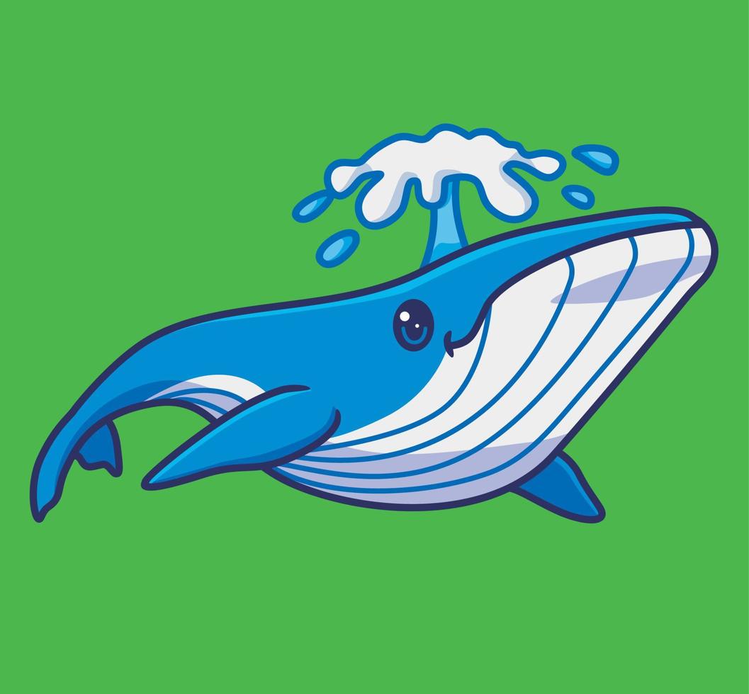 linda ballena azul rocía el agua. ilustración animal de dibujos animados aislados. vector de logotipo premium de diseño de icono de etiqueta de estilo plano. personaje mascota