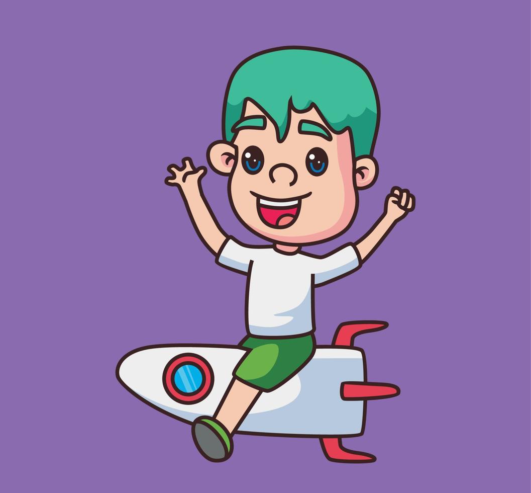 little children riding a rocket cartoon illustration vector