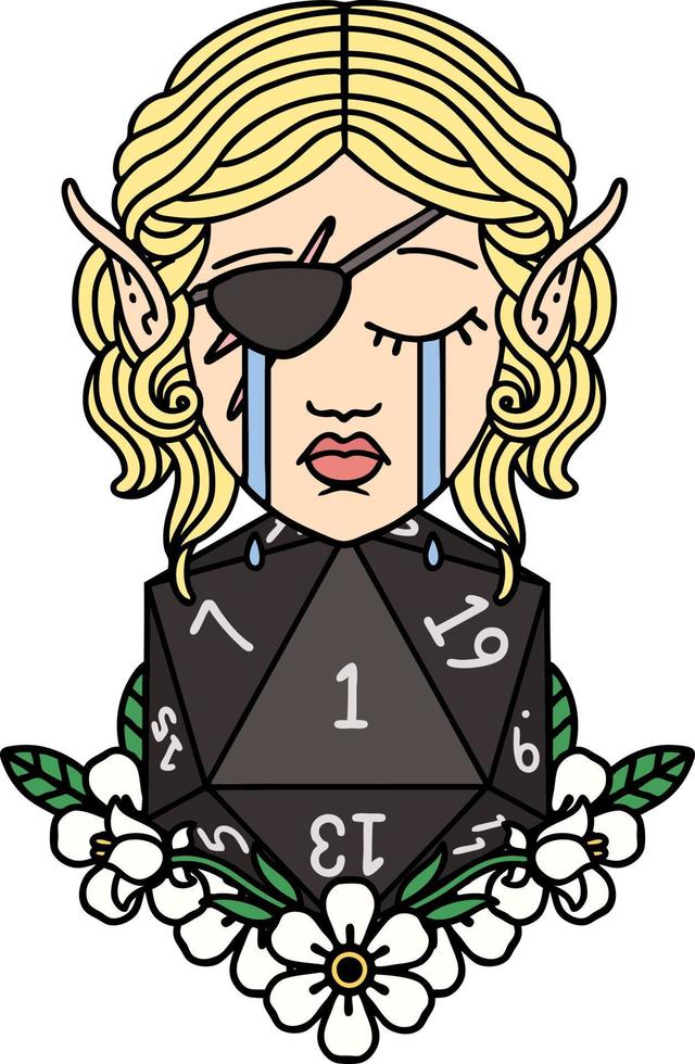 crying elf rogue character face with natural one D20 roll illustration vector