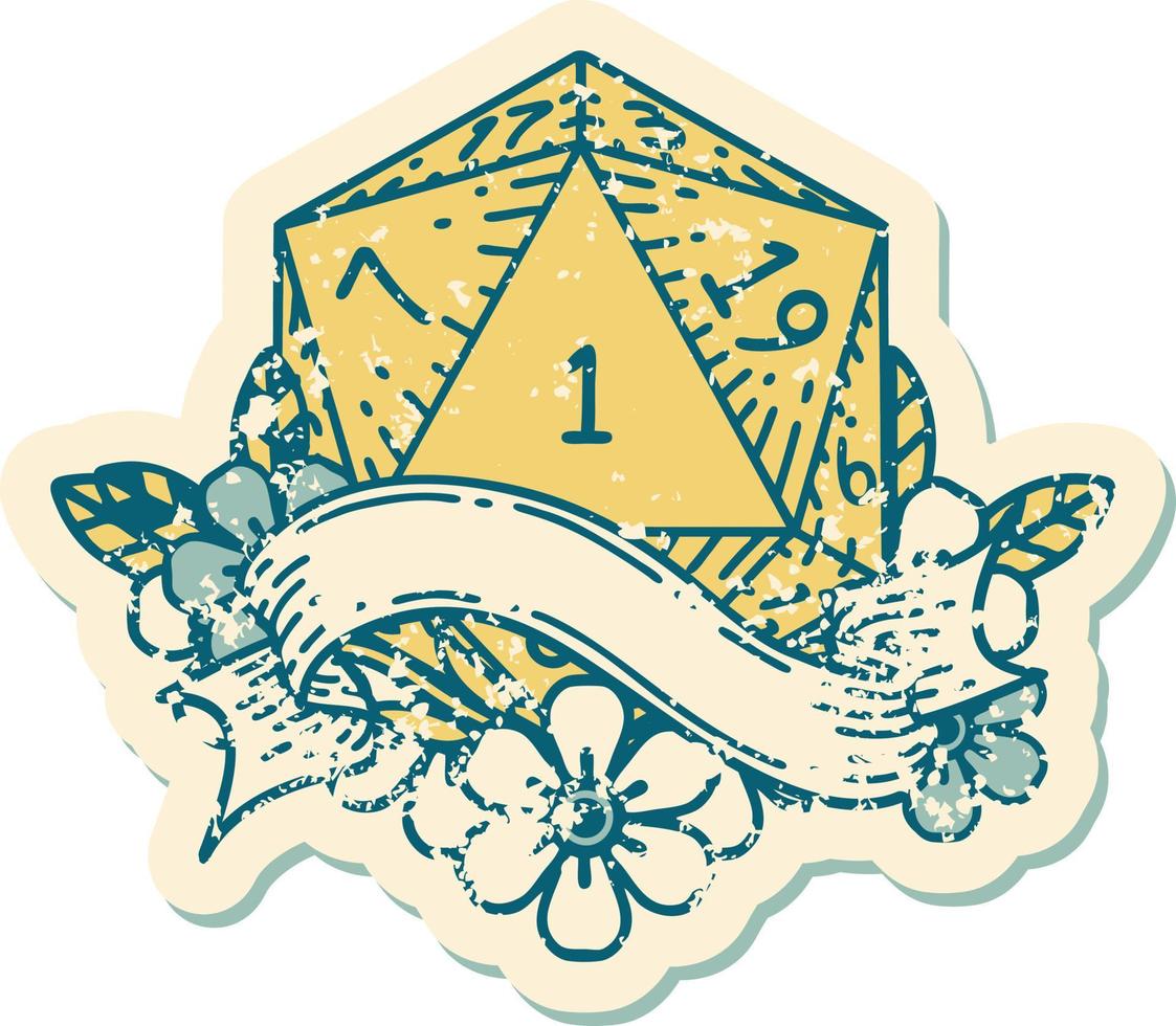 natural one d20 dice roll illustration vector