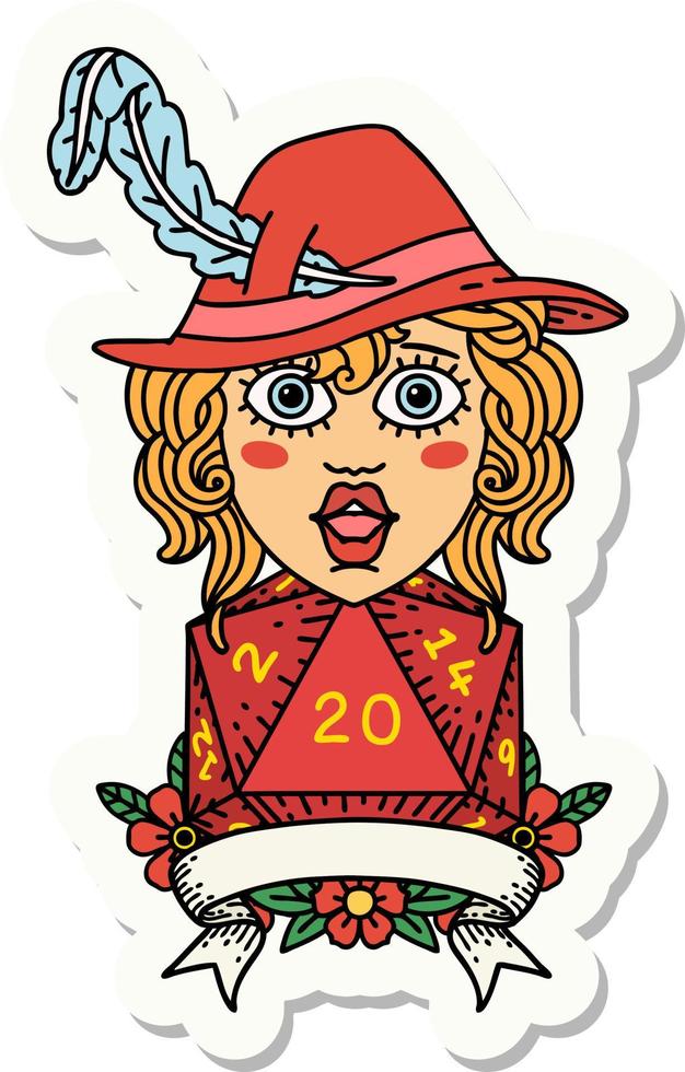 human bard character with natural 20 dice roll sticker vector