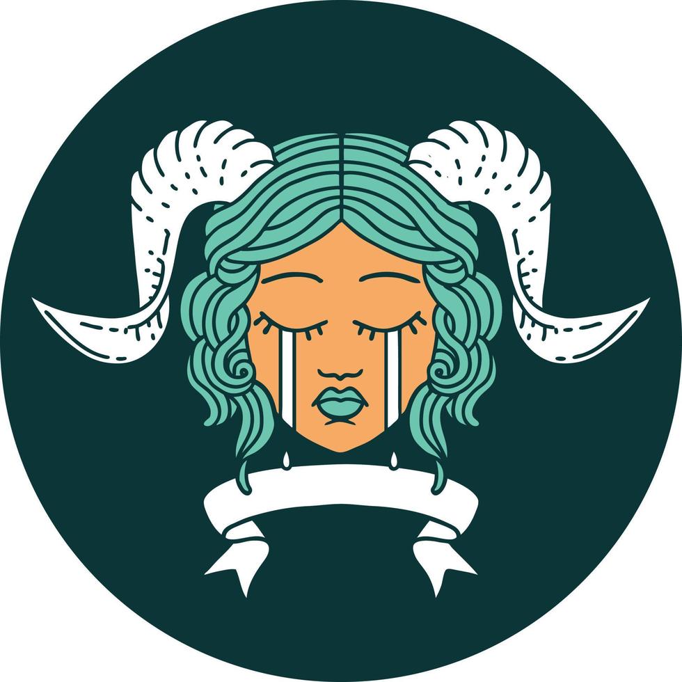 crying tiefling character face with scroll banner icon vector