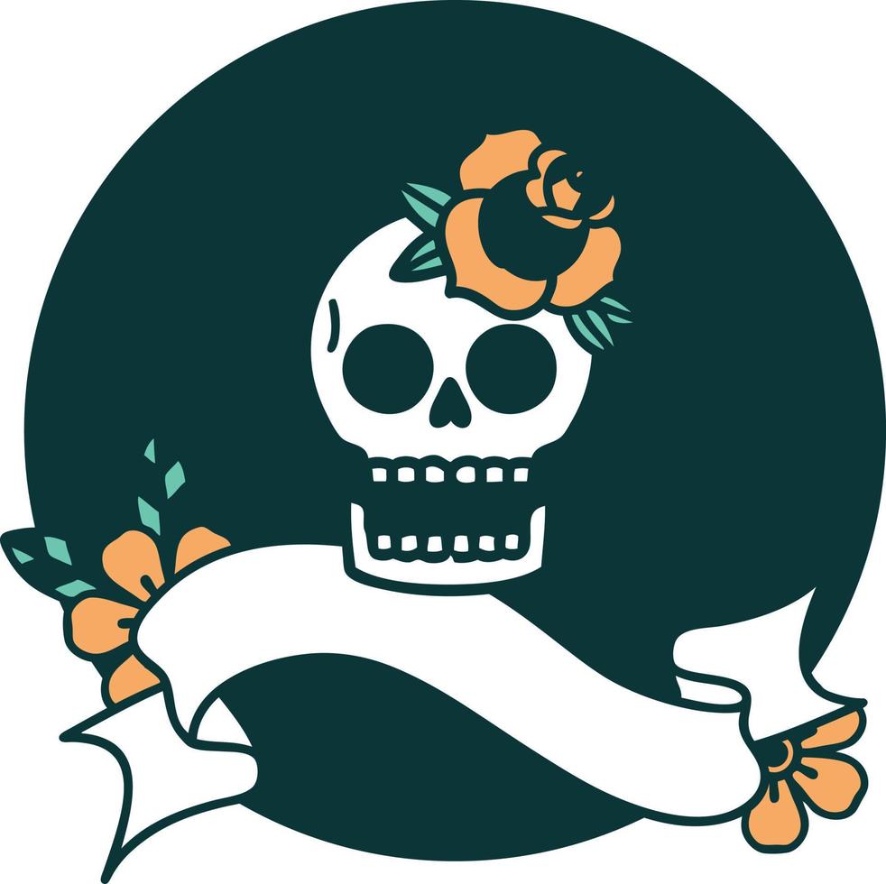 icon with banner of a skull and rose vector