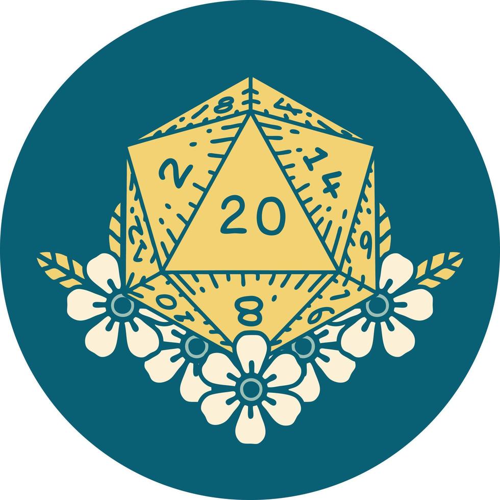 natural 20 D20 dice roll with floral elements icon vector