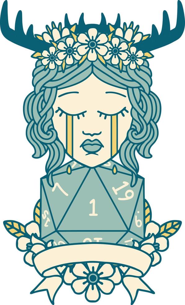 crying human druid with natural one roll illustration vector