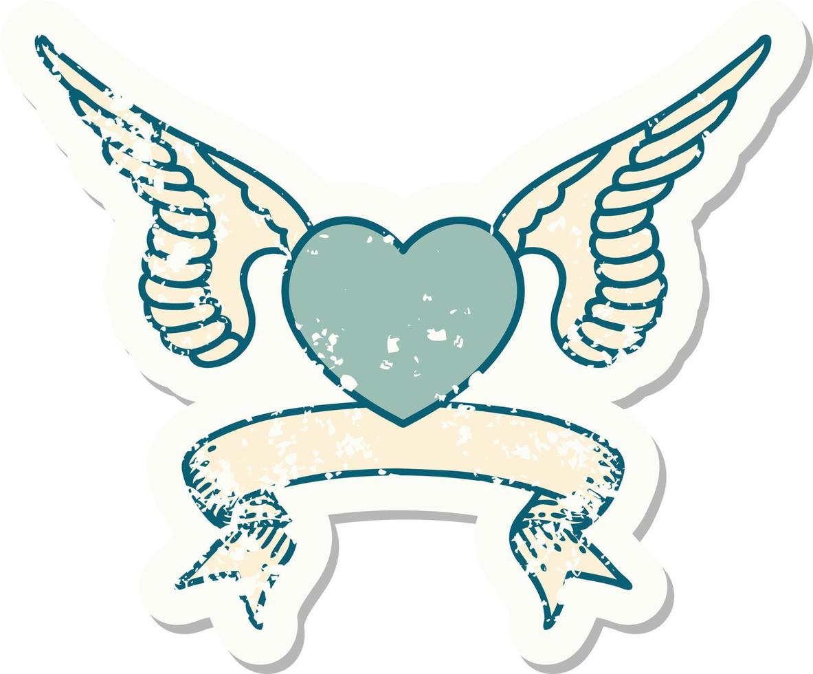 grunge sticker with banner of a heart with wings vector