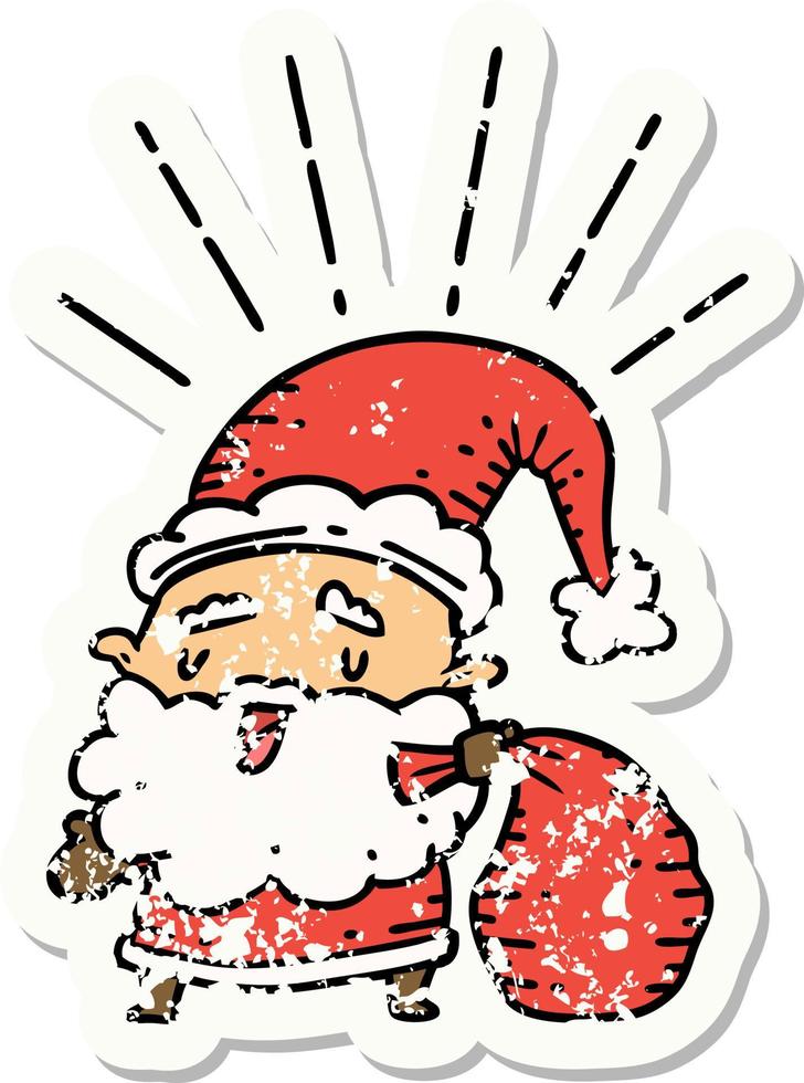 grunge sticker of tattoo style santa claus christmas character with sack vector