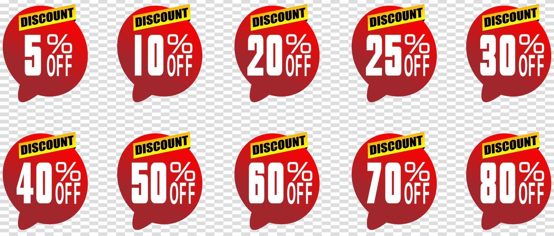 10, 20, 25, 30, 40, 50, 60, 70 percentage off, Discount stickers set for shop, retail, promotion vector