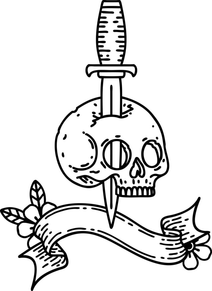 black linework tattoo with banner of a skull and dagger vector