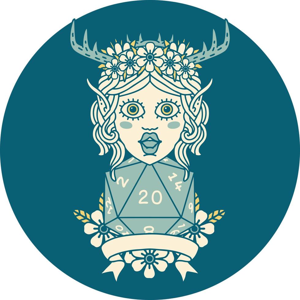 elf druid character with natural 20 dice roll illustration vector