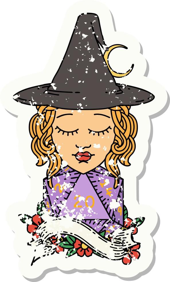 human mage with natural 20 D20 dice roll grunge sticker vector