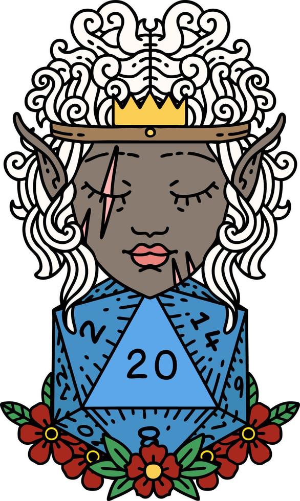 elf barbarian character with natural 20 dice roll illustration vector