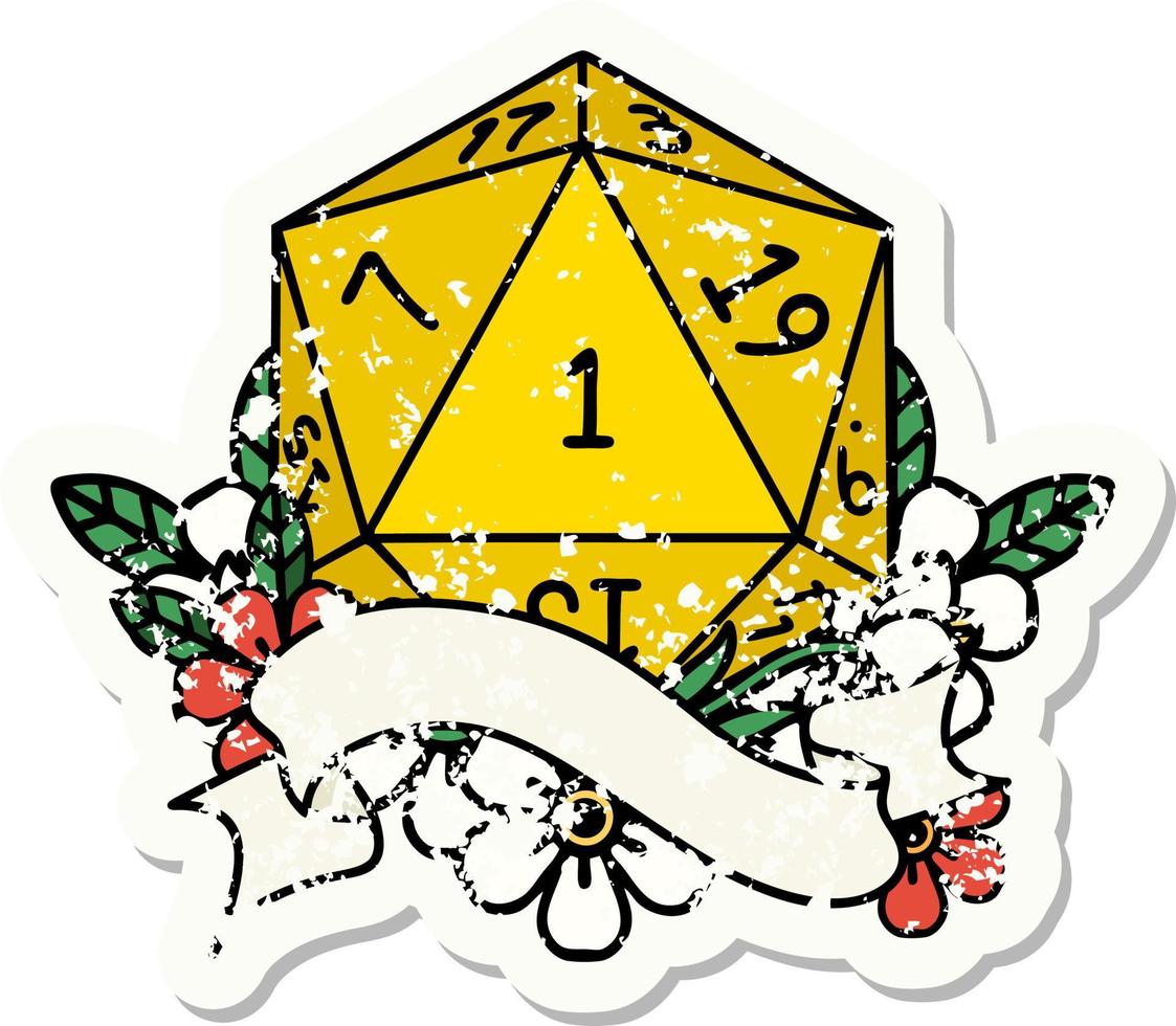 natural one d20 dice roll grunge sticker vector