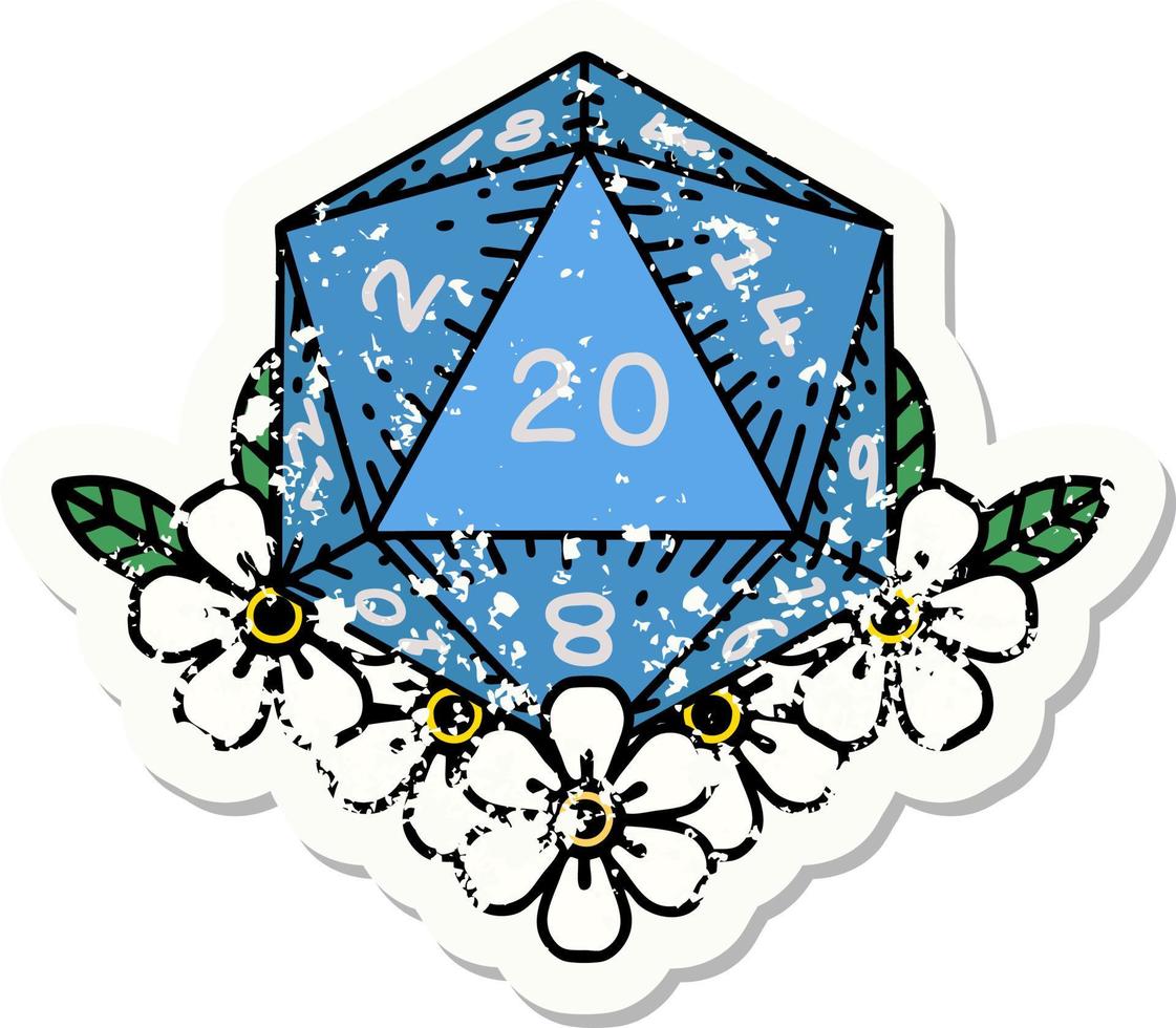 natural 20 D20 dice roll with floral elements grunge sticker vector