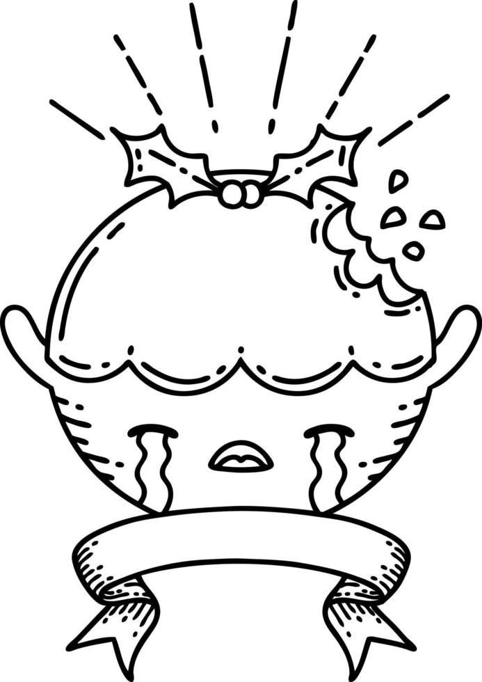 banner with black line work tattoo style christmas pudding character crying vector
