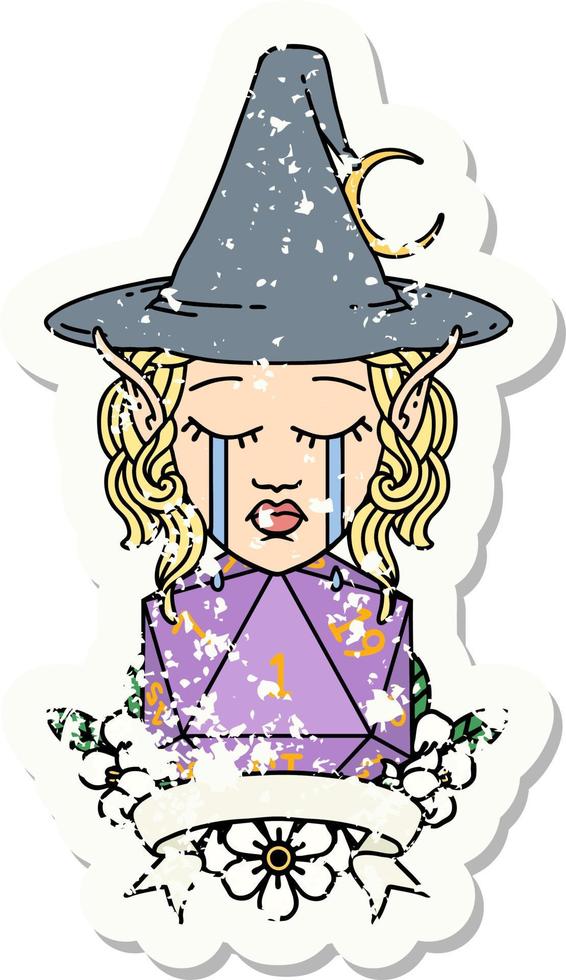 crying elf mage character with natural one dice roll illustration vector