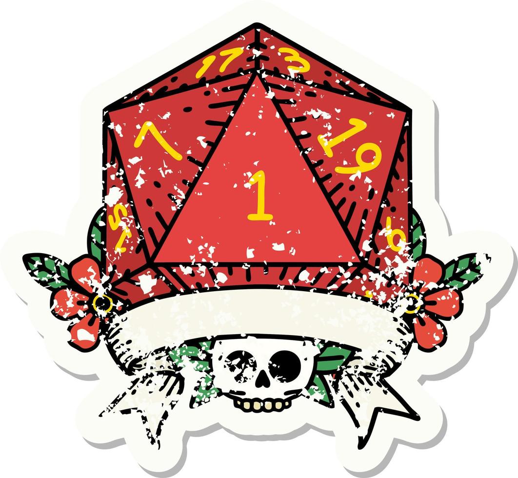 natural one d20 dice roll grunge sticker vector