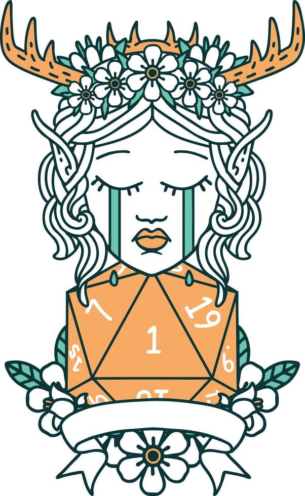 cara de personaje de druida elfo triste con una ilustración de rollo natural d20 vector