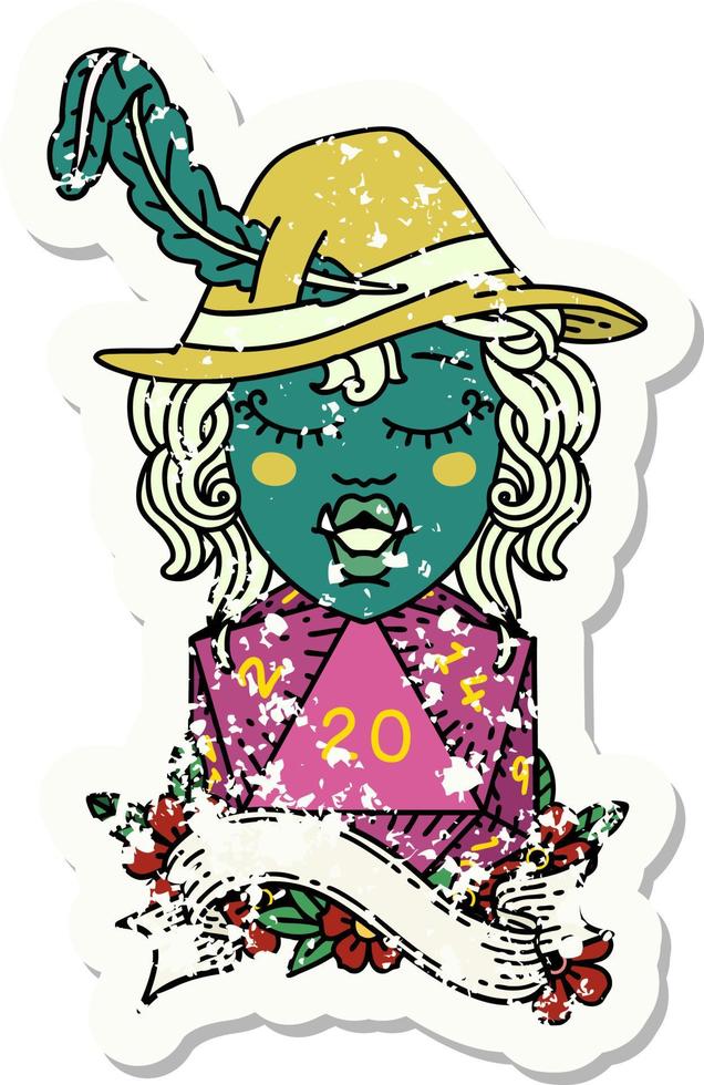 singing half orc bard with natural twenty dice roll illustration vector