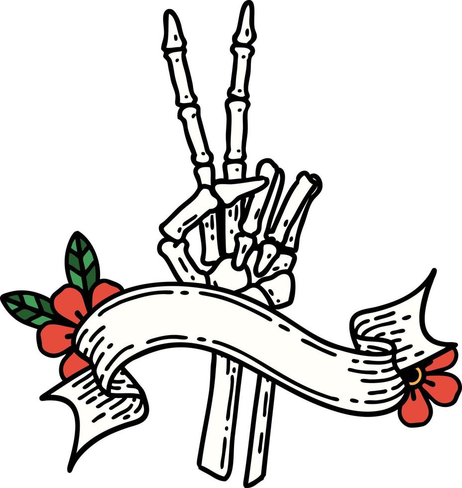 tattoo with banner of a skeleton hand giving a peace sign vector