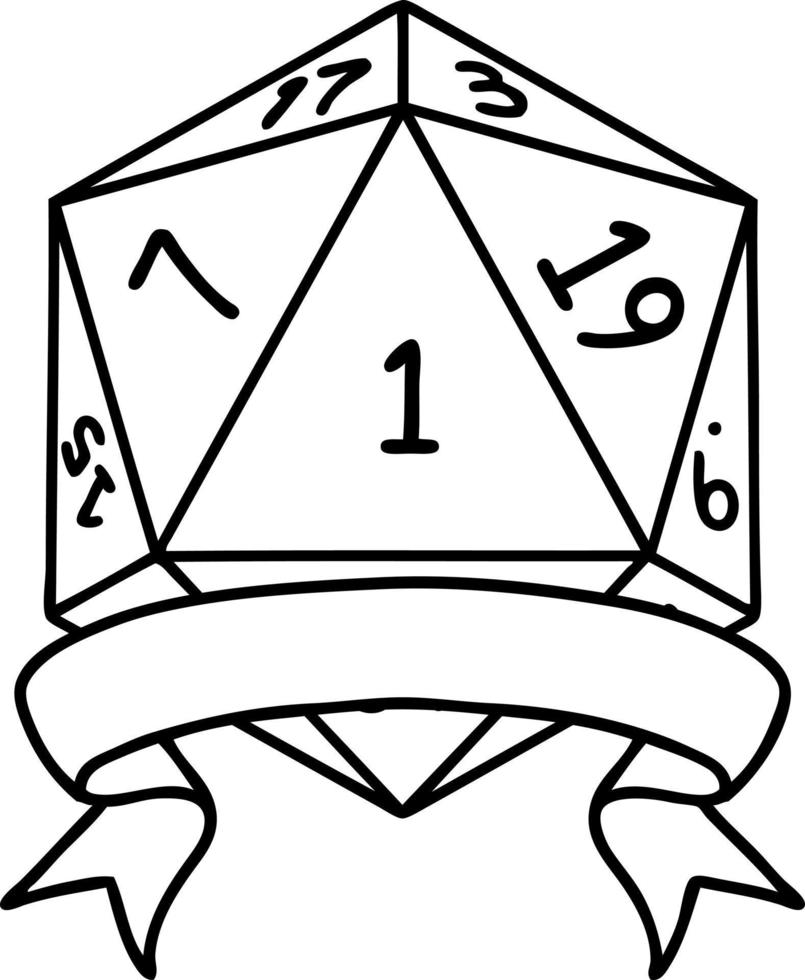 Black and White Tattoo linework Style natural one d20 dice roll vector