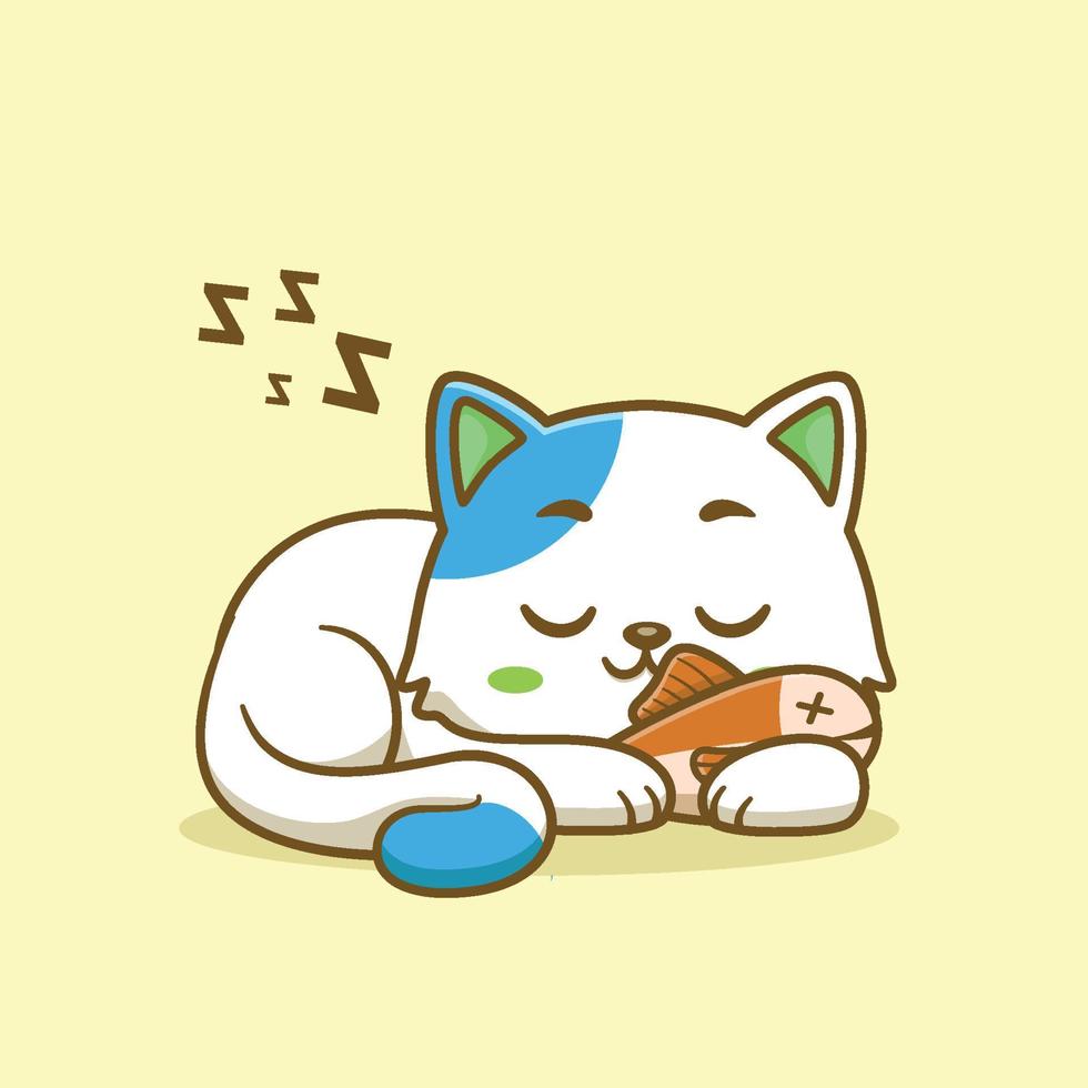 Cute cat sleeping with fish cartoon vector